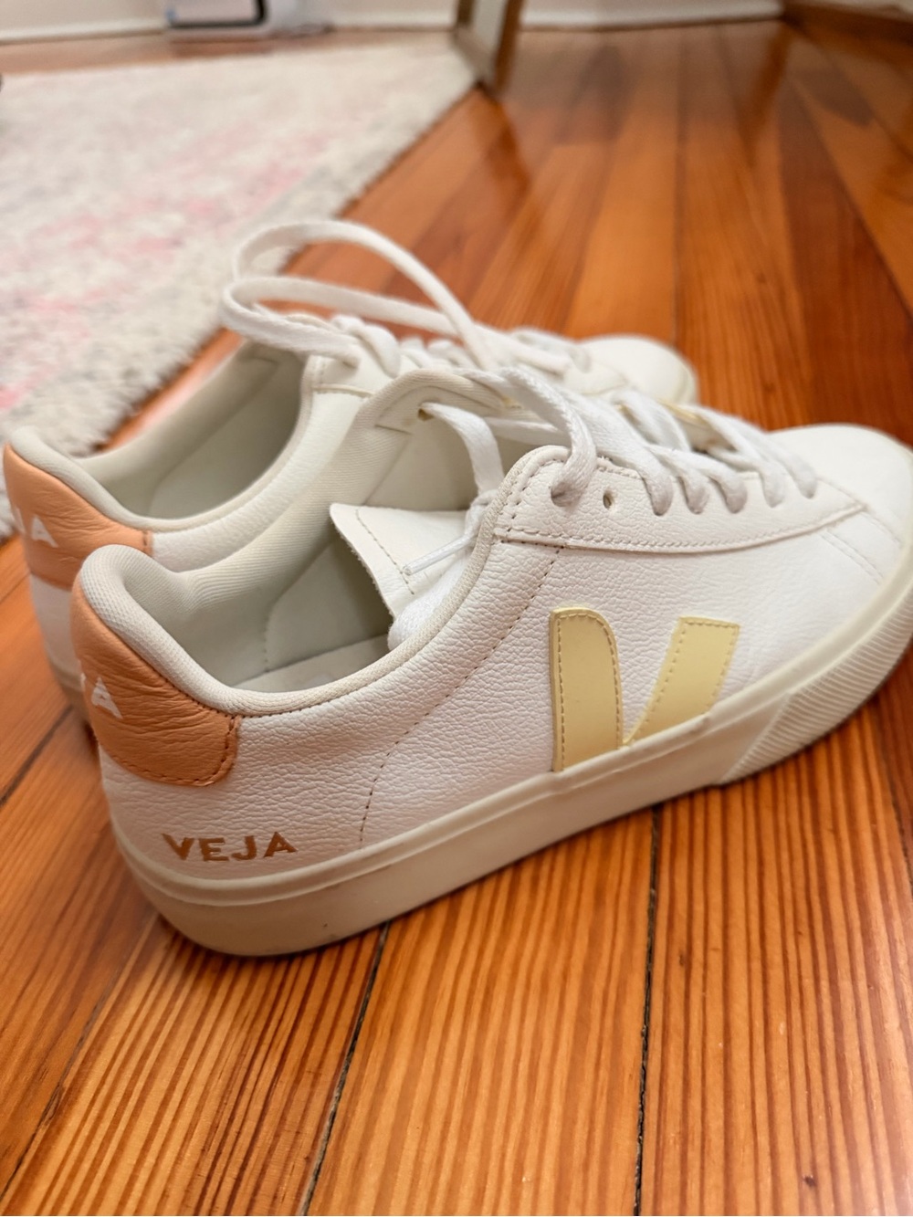 Veja Women’s White Sneakers with Pale Yellow V and Peach Heel - Picture 3 of 5